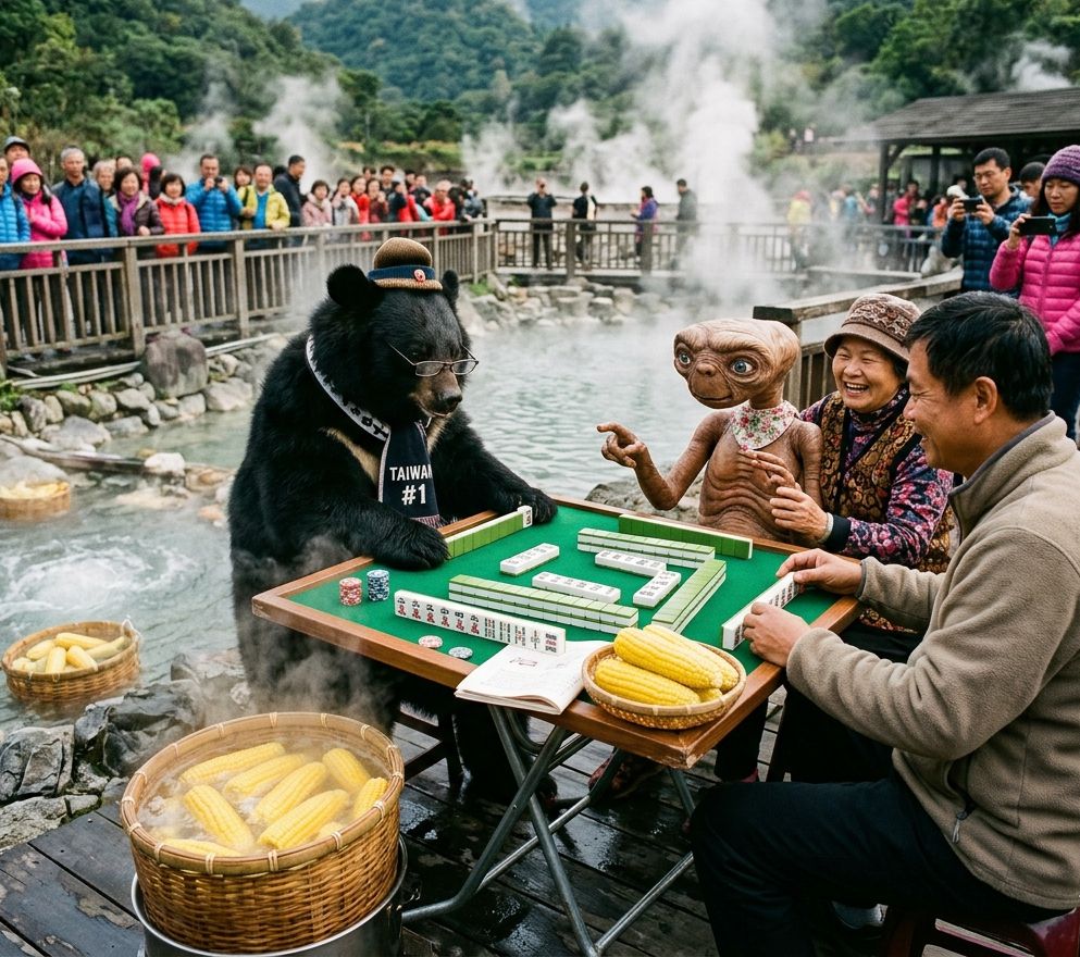 邊打牌邊泡腳還要煮玉米,溫泉蛋熟了ET還沒聽牌,北投地熱谷的奇蹟麻將桌,台灣熊愛打麻將,台灣黑熊打麻將,北投地熱谷有台灣黑熊出沒,台灣黑熊在北投地熱谷打麻將,星際ET與黑熊麻將交流,外星人也想碰碰胡,一邊海底撈月一邊溫泉撈蛋